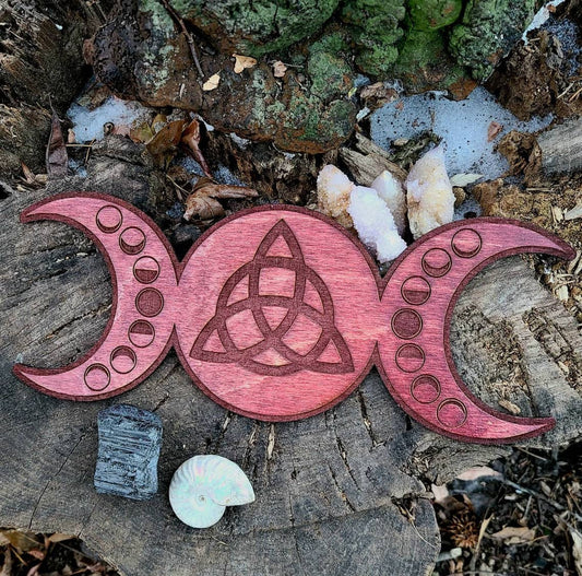 12" Triple Moon Wooden Crystal Grid - Lasercut & Engraved: Assorted Stain Colors