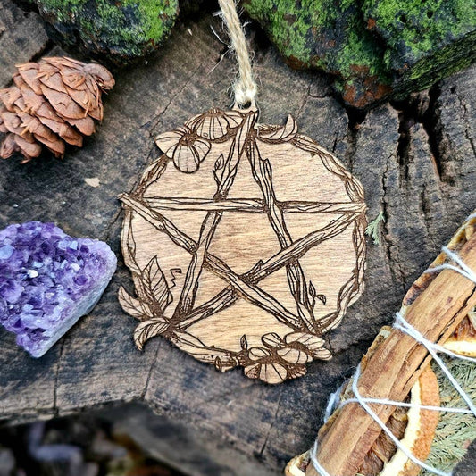 Twig Pentacle Wooden Ornament, Protection Charm Witchy Gift: Dark Walnut stain