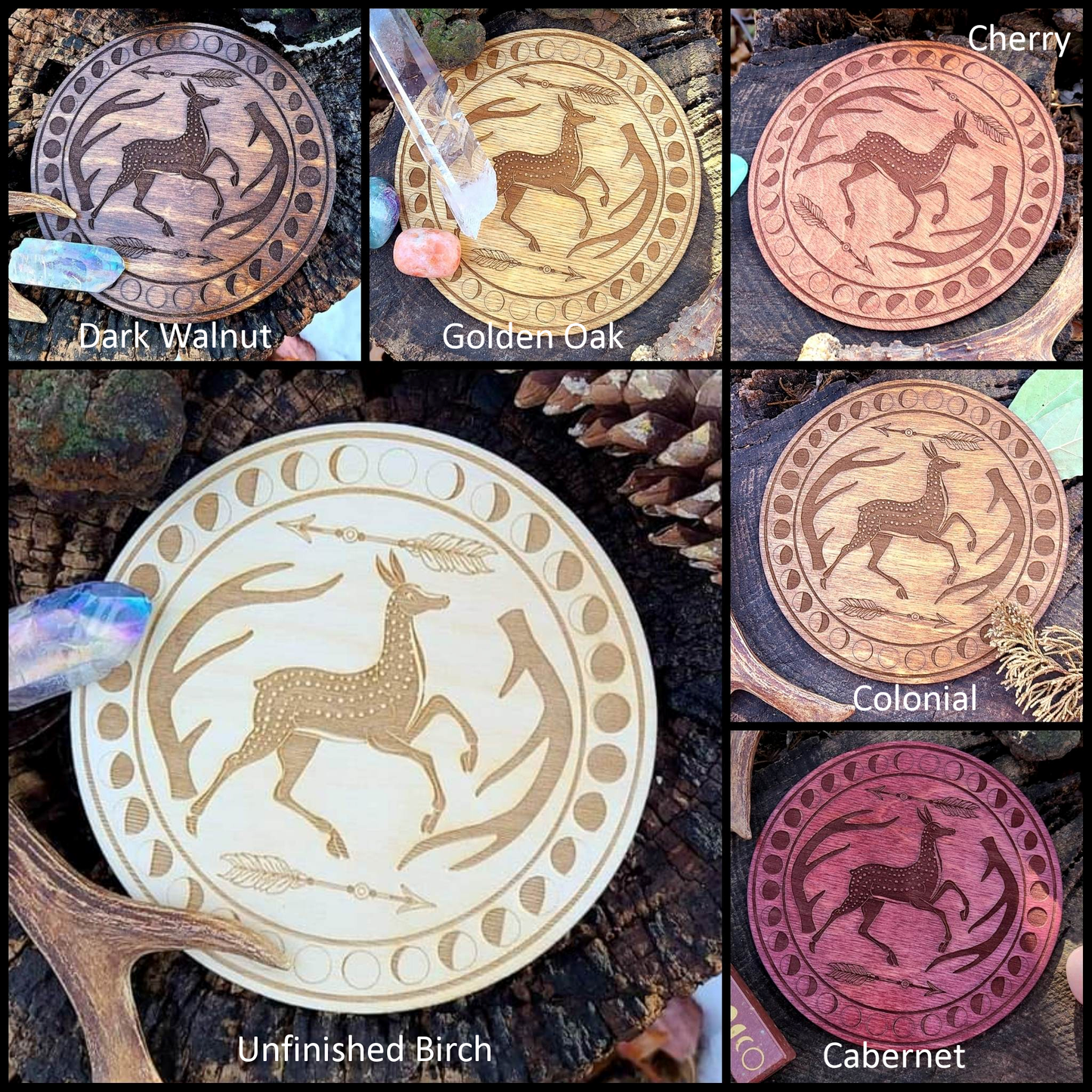 Medusa Crystal Grid Laser Engraved Wood Altar Plate: Assorted Stain Colors