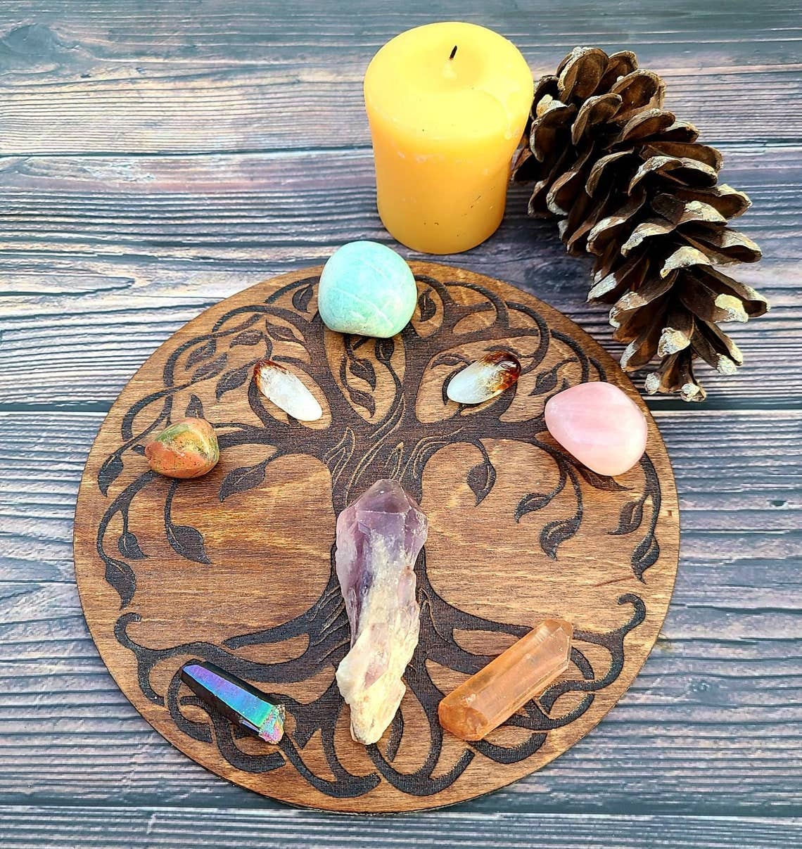 Tree of Life Crystal Grid Laser Engraved Wood Altar Plate: Assorted Stain Colors