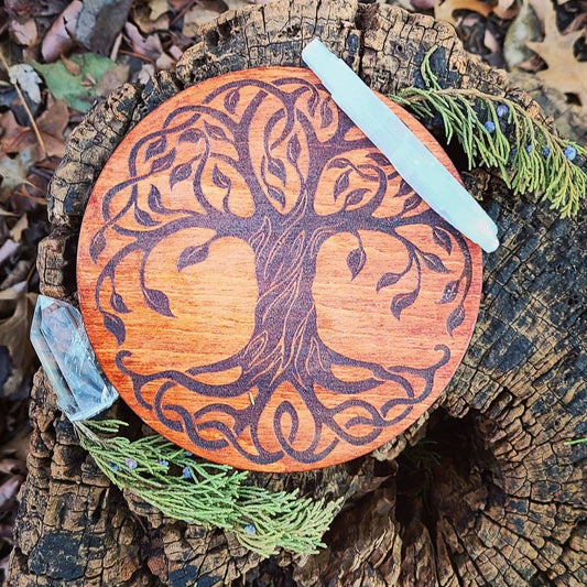 Tree of Life Crystal Grid Laser Engraved Wood Altar Plate: Assorted Stain Colors