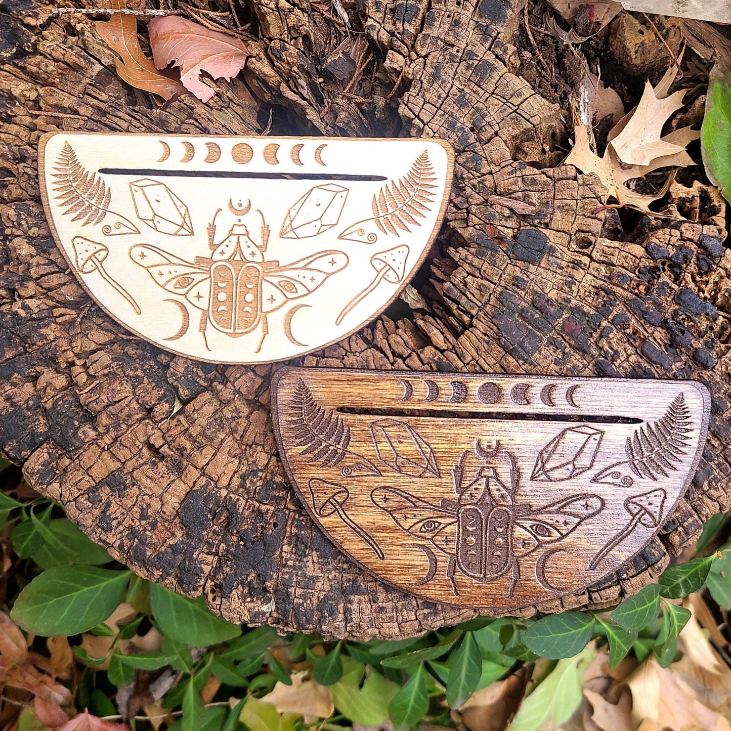 Mystic Beetle Tarot Card Stand Wooden Card of the Day Holder: Dark Walnut