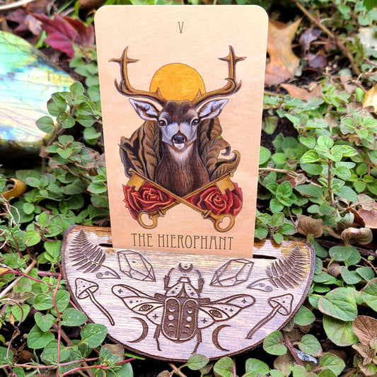 Mystic Beetle Tarot Card Stand Wooden Card of the Day Holder: Dark Walnut