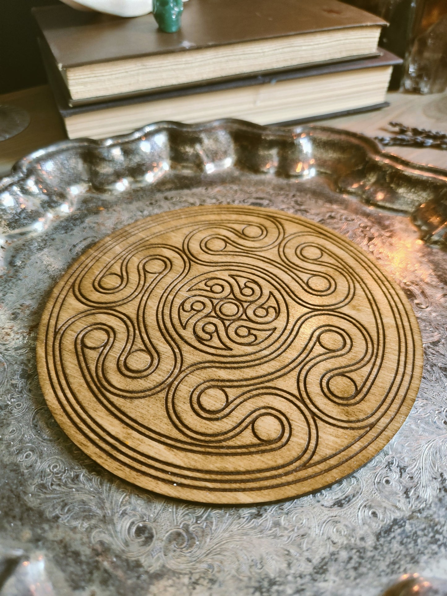 Hecate's Wheel Crystal Grid Laser Engraved Wood Altar Plate