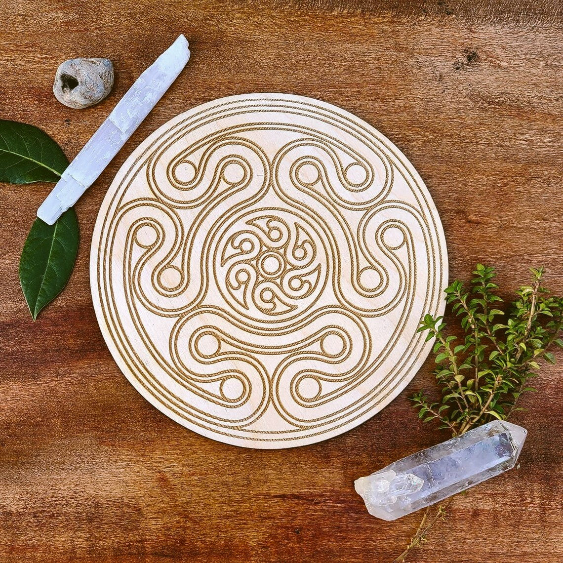 Hecate's Wheel Crystal Grid Laser Engraved Wood Altar Plate