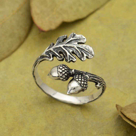 Adjustable Oak and Acorn Ring: Sterling Silver