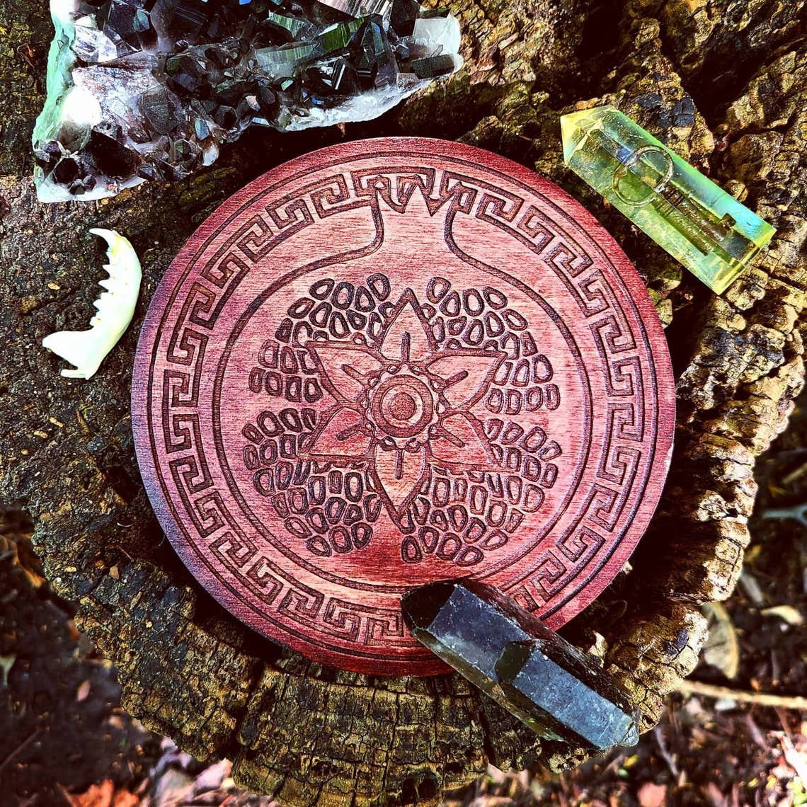 Persephone Pomegranate Crystal Grid Laser Engraved Wood
