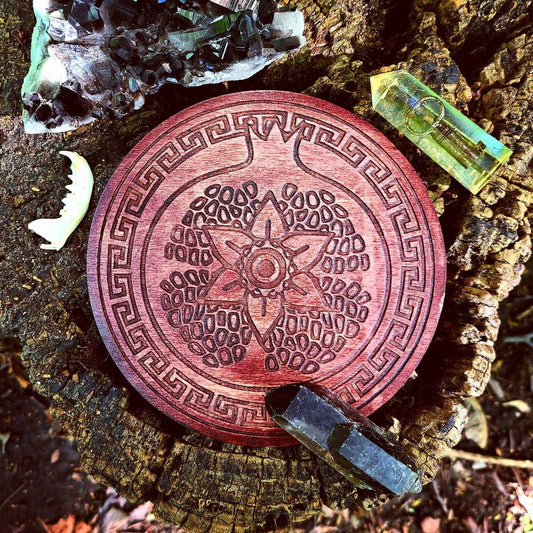 Persephone Pomegranate Crystal Grid Laser Engraved Wood