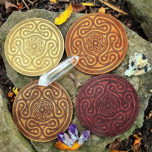 Hecate's Wheel Crystal Grid Laser Engraved Wood Altar Plate