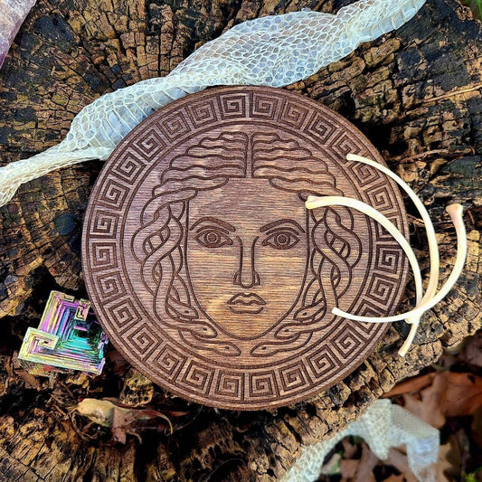 Medusa Crystal Grid Laser Engraved Wood Altar Plate: Assorted Stain Colors