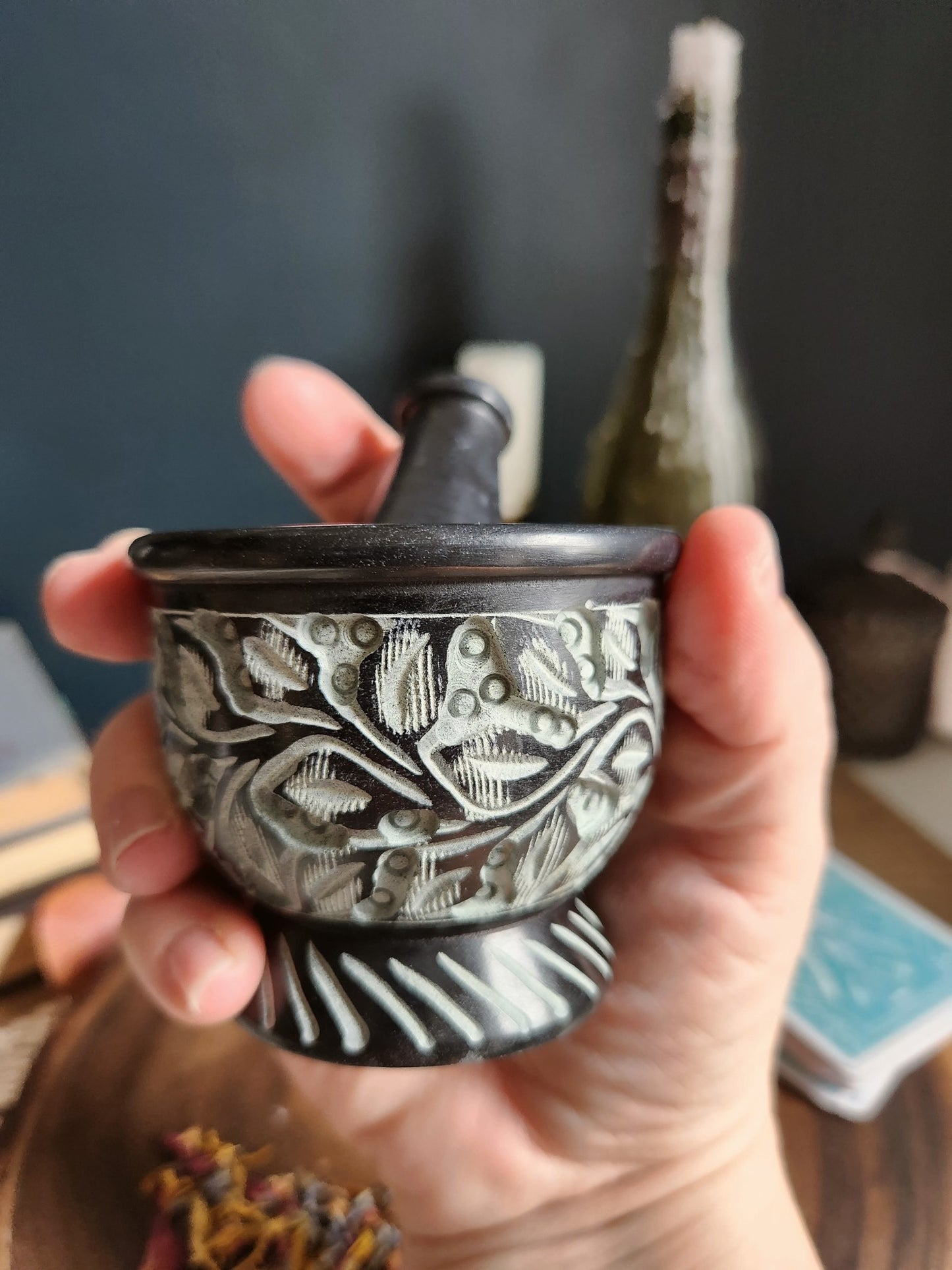 Black Carved Soapstone Mortar & Pestle 2.5"H, 3"D