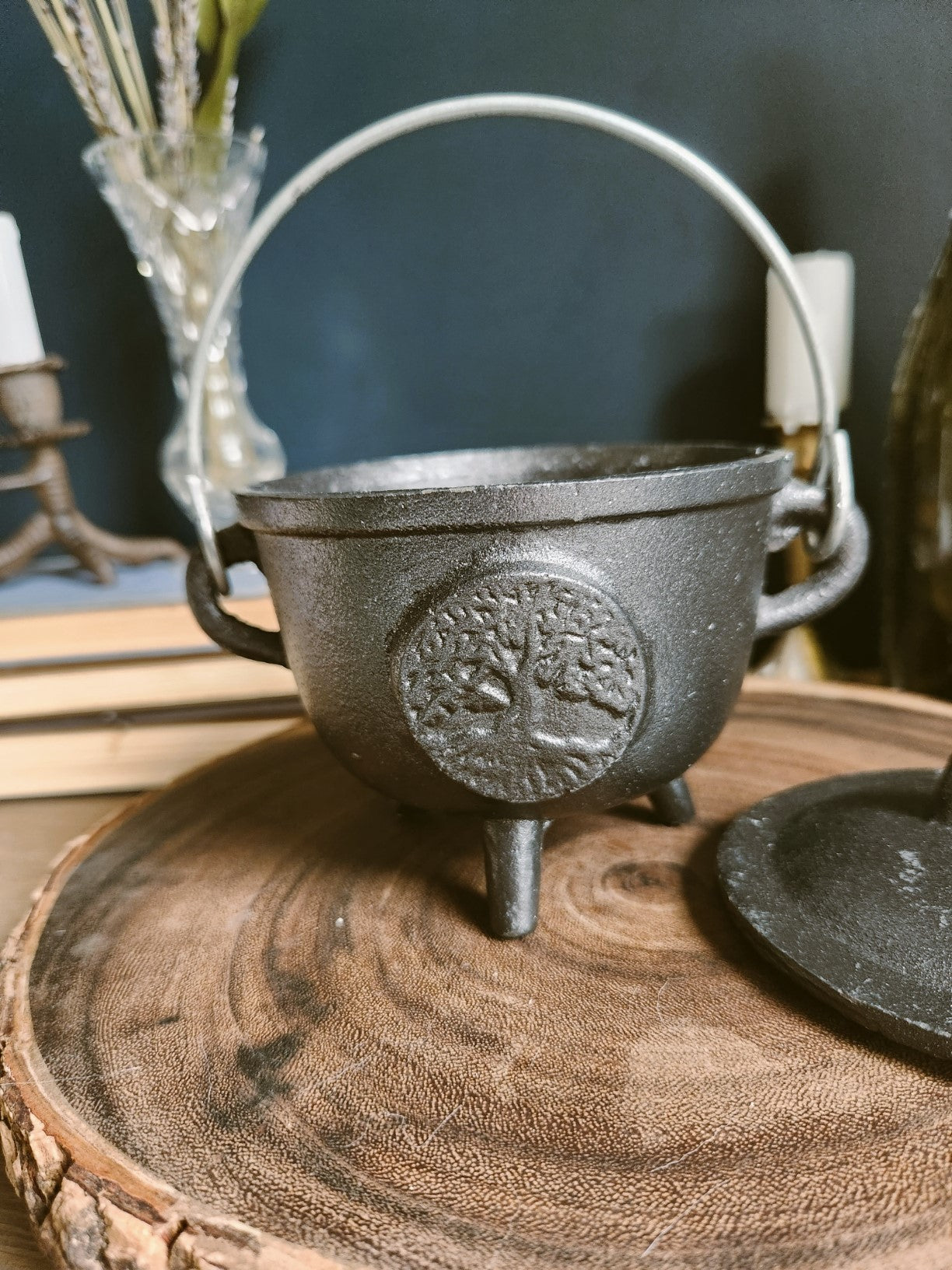 Tree of Life Medium Cast Iron Cauldron with Lid 4.5 inch