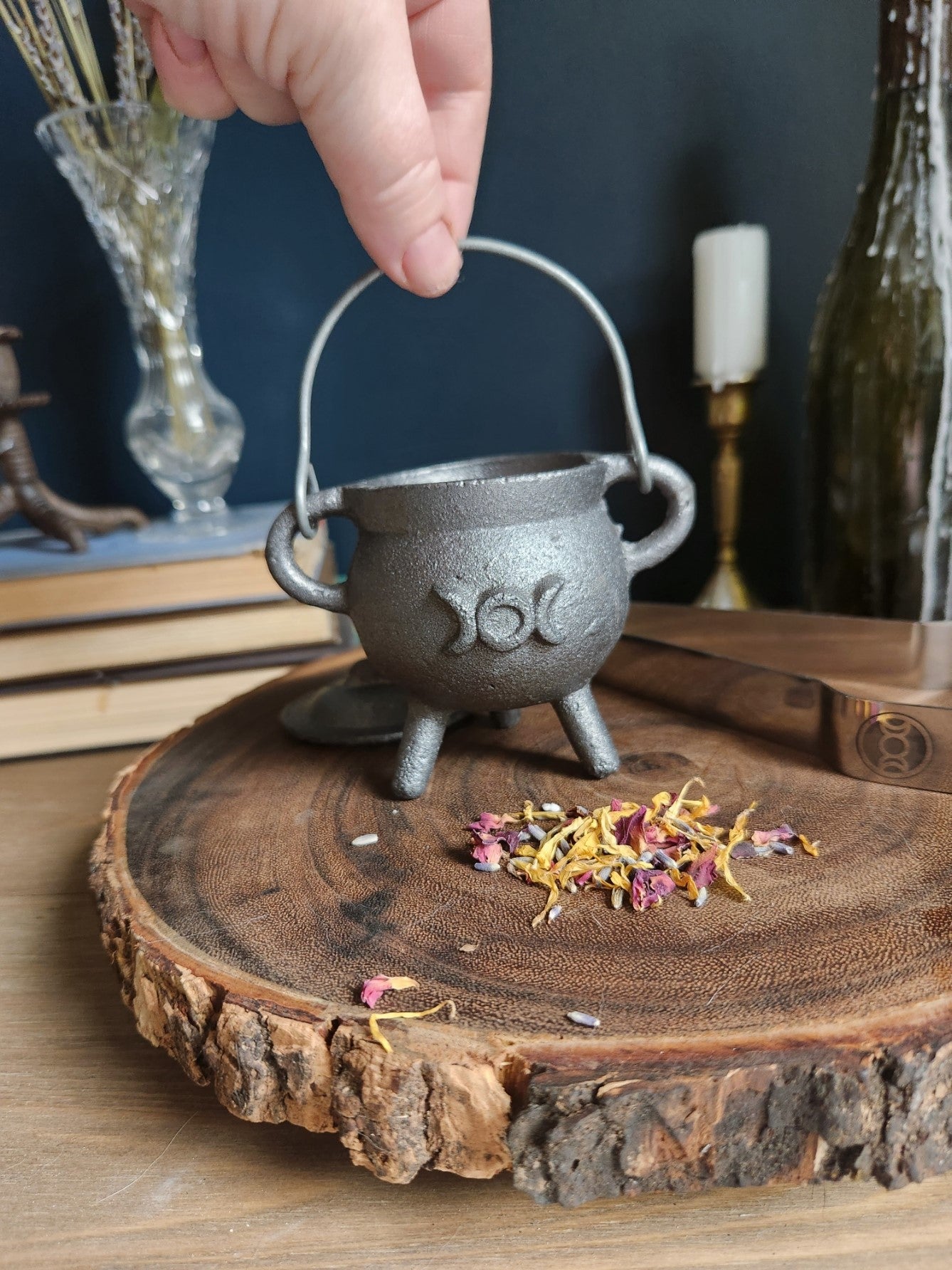 Triple Moon Mini Cast Iron Cauldron 3.5 inch with Lid