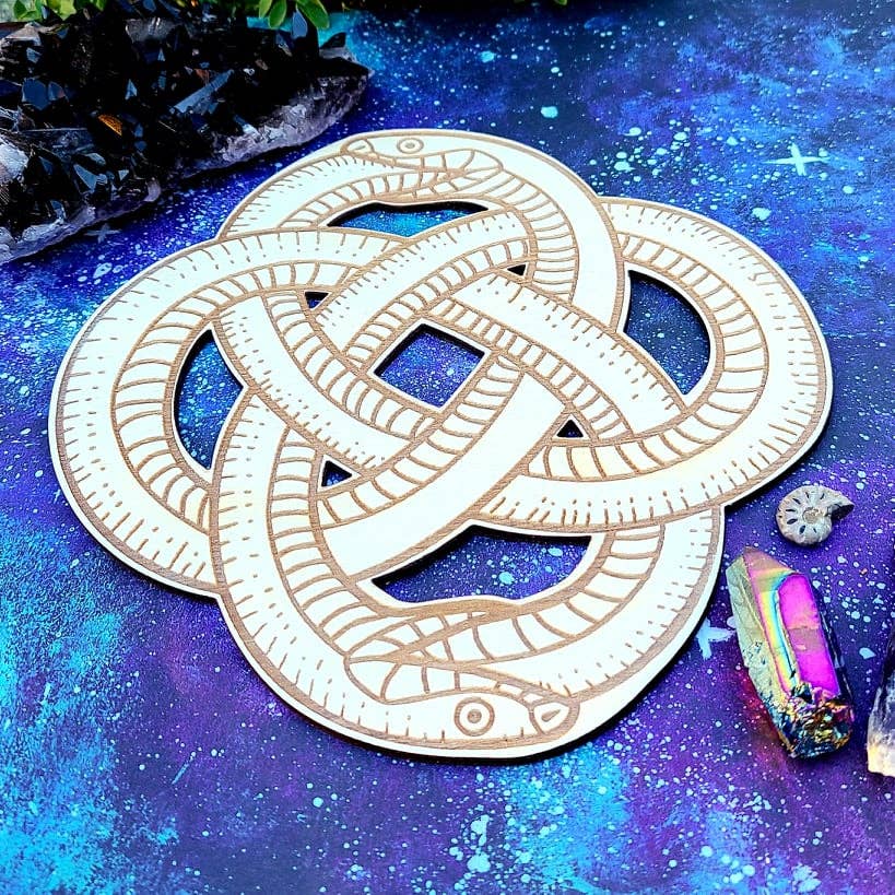 Ouroboros Snake Crystal Grid Laser Engraved Wood Altar Plate: Assorted Stain Colors