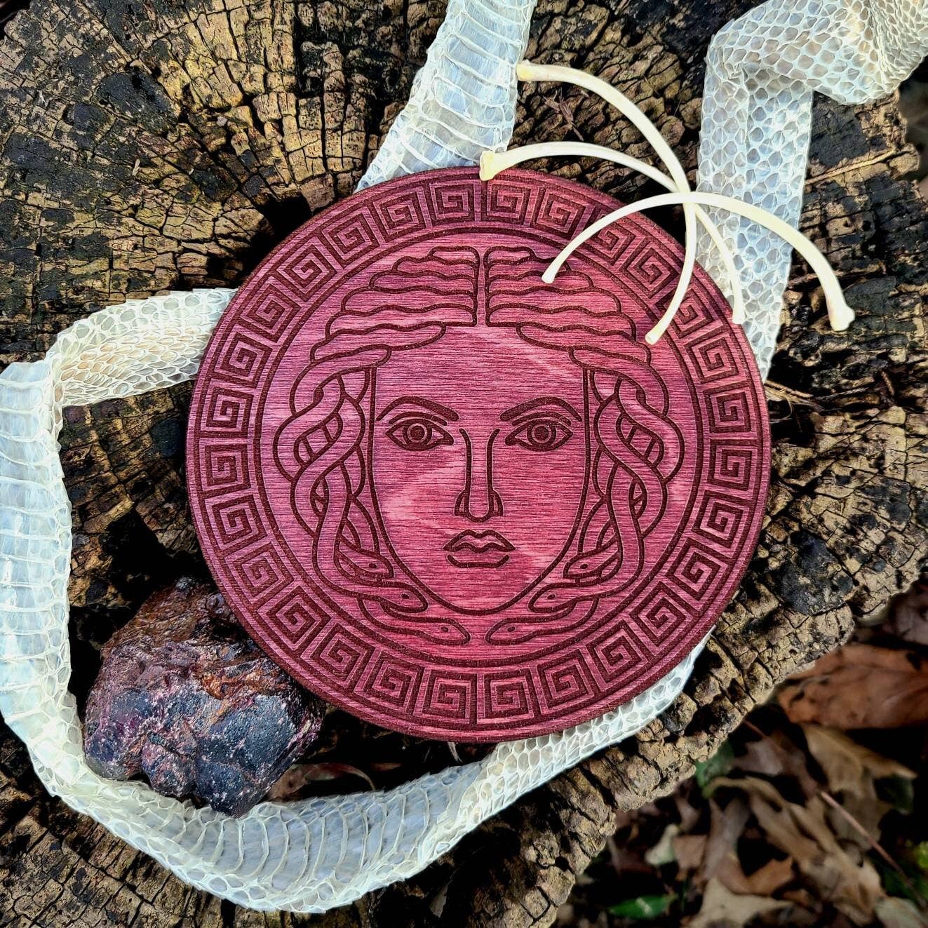 Medusa Crystal Grid Laser Engraved Wood Altar Plate: Assorted Stain Colors