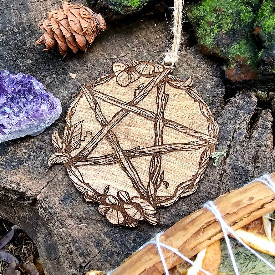 Twig Pentacle Wooden Ornament, Protection Charm Witchy Gift: Dark Walnut stain