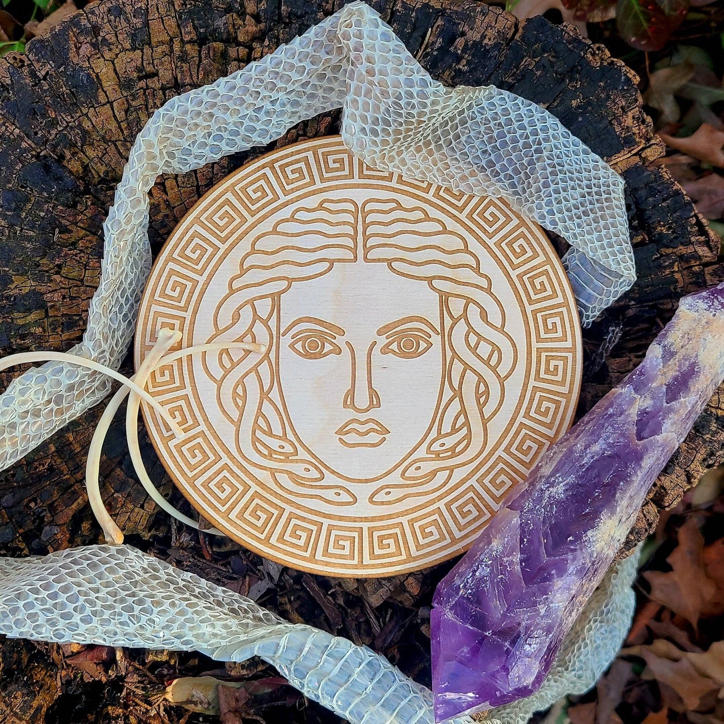 Medusa Crystal Grid Laser Engraved Wood Altar Plate: Assorted Stain Colors