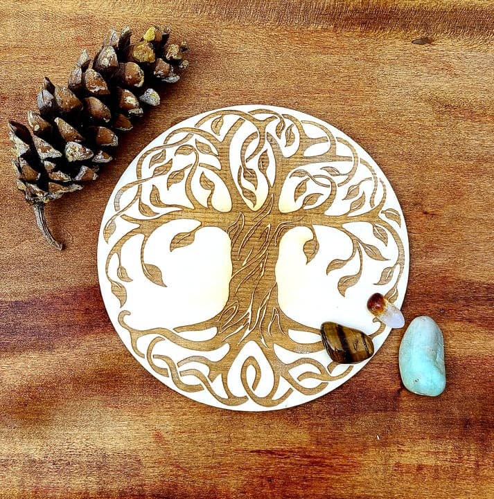 Tree of Life Crystal Grid Laser Engraved Wood Altar Plate: Assorted Stain Colors