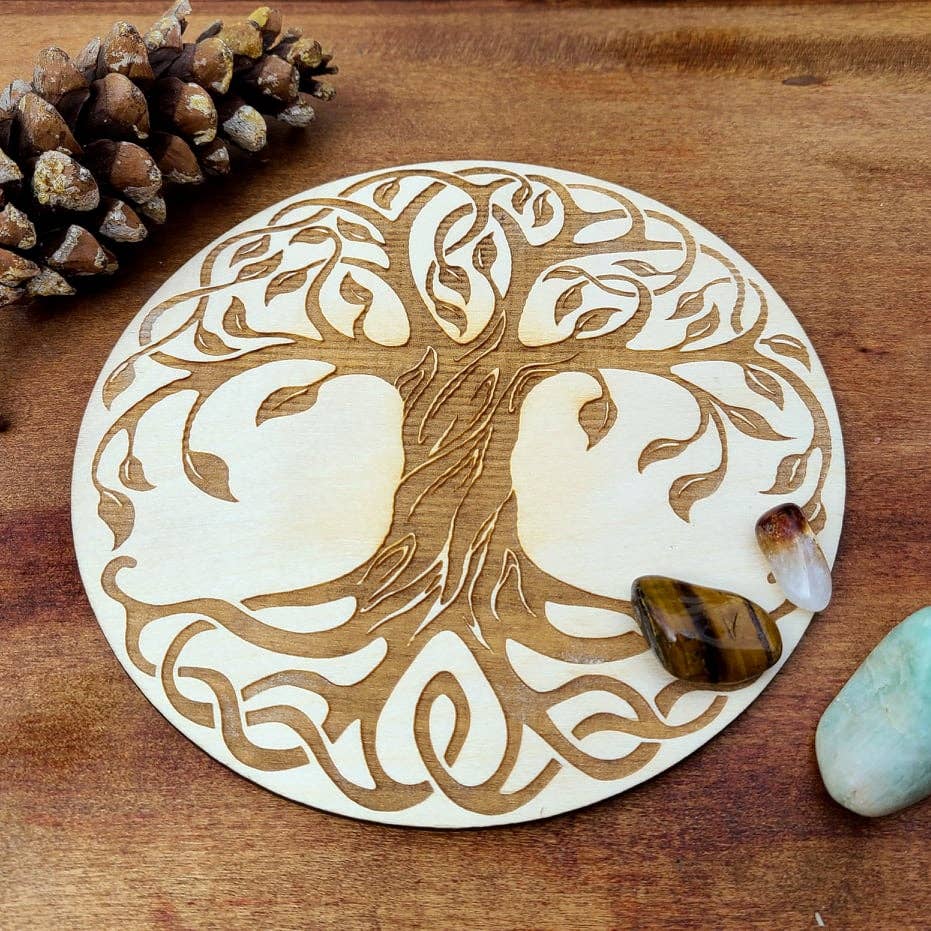 Tree of Life Crystal Grid Laser Engraved Wood Altar Plate: Assorted Stain Colors