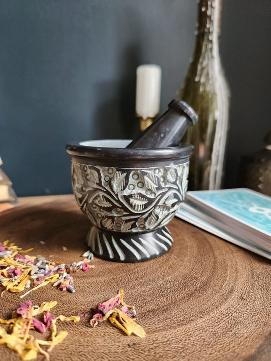 Black Carved Soapstone Mortar & Pestle 2.5"H, 3"D